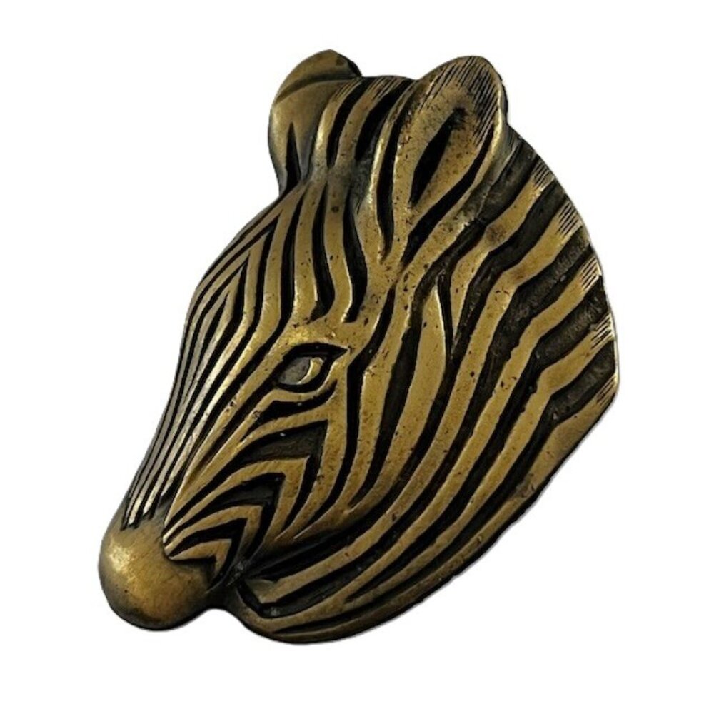 Vintage Zebra Brooch Pin Metal Brass Tone Black Accents